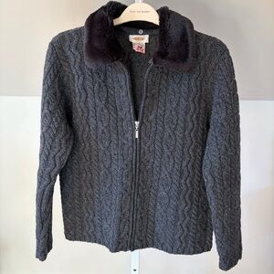 Talbots Lambswool Sweater Chunky Cable Knit Zip-Up Jacket Medium Gray Fur Collar